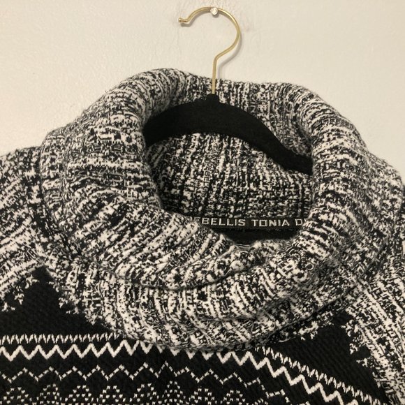 TONIA DEBELLIS Sweater Size XL Black White CHUNKY Cowl Neck Front Pocket Cozy - Picture 7 of 9